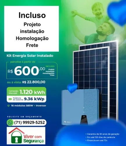 Kit Energia Solar Instalado e Homologado , Geração Mensal 1.120 kWh , Potencia 9,36 kwp