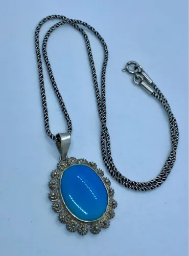 Colar de prata 925 Vintage com Pingente Oval Azul
