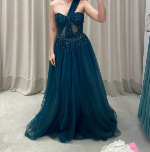 Vestido de festa patbo verde/azul petróleo