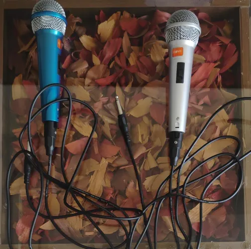 2 Microfones com fio de alta qualidade (1 prateado e 1 azul)