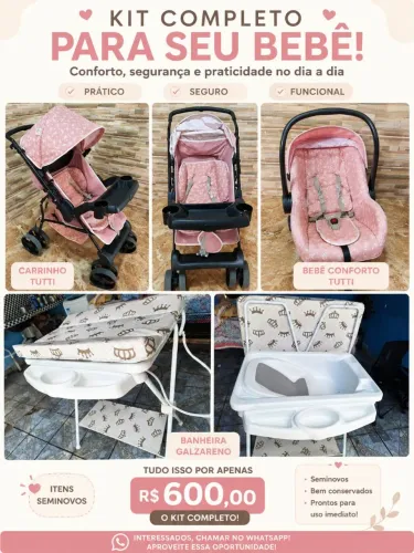 Carrinho + bebê conforto + banheira com trocador