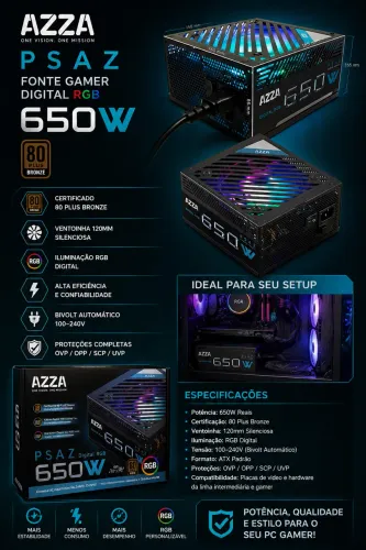 Fonte ATX 650W 80 Plus Bronze RGB AZZA PSAZ 650W - usada  / Alto Desempenho