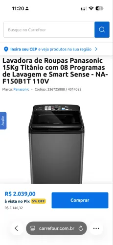Máquina de lavar panasonic 15kg titânio 110V