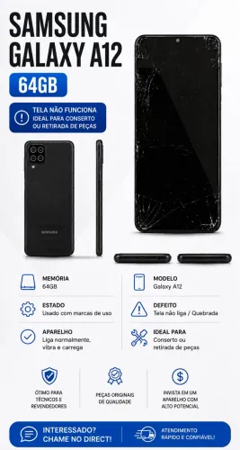Samsung Galaxy A12 64GB - NÃO LIGA (para conserto ou peças) BARATO