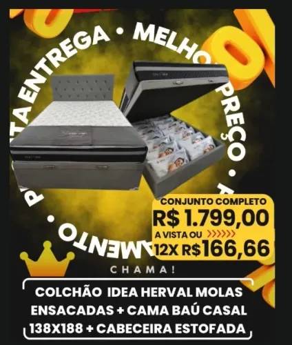 Cama Bau Casal 138x188 + Colchão C1728 Herval Molas Ensacadas + Cabeceira Estofada