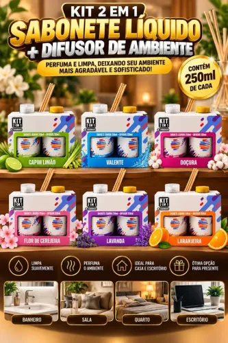 KIT 2 EM 1 SABONETE LÍQUIDO MAIS DIFUSOR DE AMBIENTES