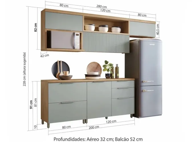 Armário de Cozinha Completa Nesher Duquesa 100% MDF com Balcão 5 Portas 4 Gavetas