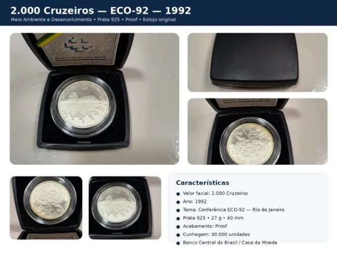 Moeda Comemorativa - ECO-92 1992 - Prata 925 Proof - Estojo Original