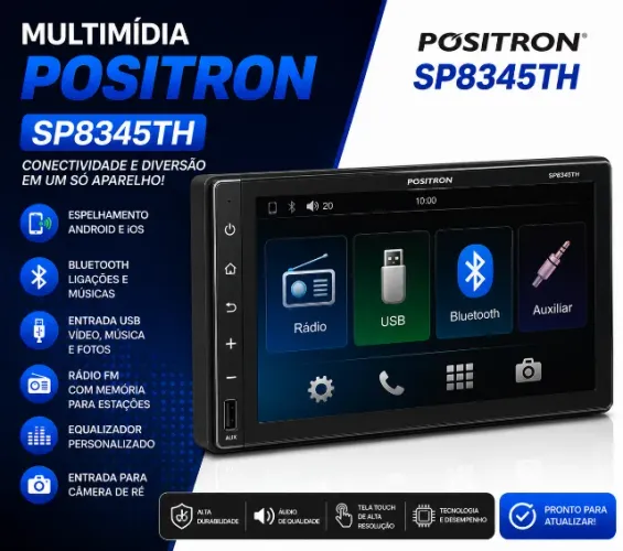Central Multimídia Positron 2 Din SP8345TH 6.95'' Bluetooth c/ Espelhamento Android e IOS