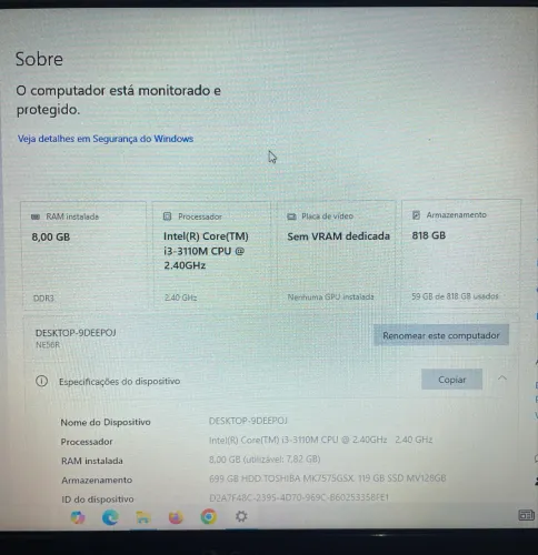 Notebook Acer / i3 - 3 Geração / 8GB RAM