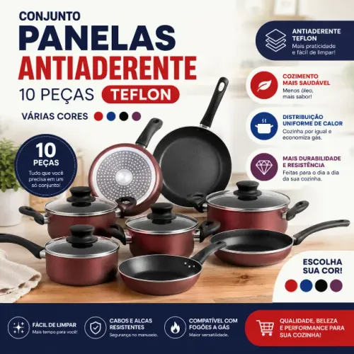 Conjunto Panelas Antiaderente 10 Peças Teflon Várias Cores