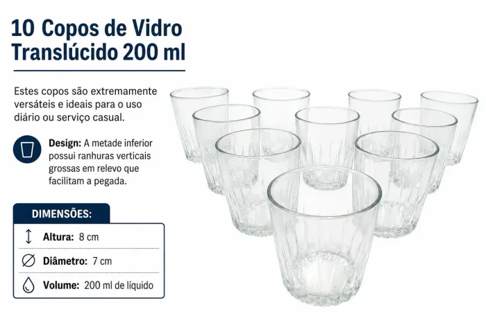 10 Copos de Vidro Translúcido 200 ml