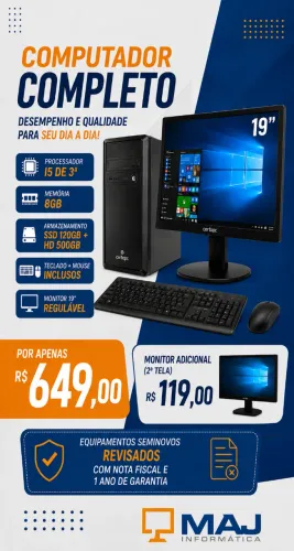 PC Completo Core i5 3° Geração, 8GB, SSD 120GB, Monitor 19 Polegadas