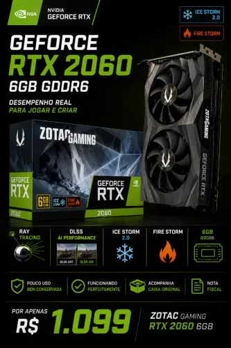 ZOTAC RTX 2060 6GB com Caixa e Nota Fiscal - DLSS e Ray Tracing (PLACA DE VIDEO)