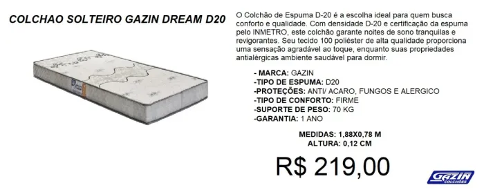 Colchão solteiro d20 - a pronta entrega