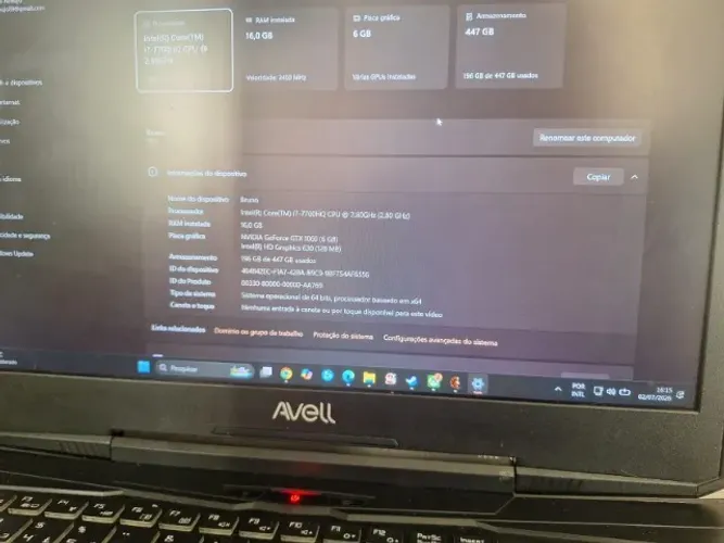 Notebook Gamer Avell Iron V4 - GTX 1060 6GB / i7 / 16GB RAM (Ler descrição)