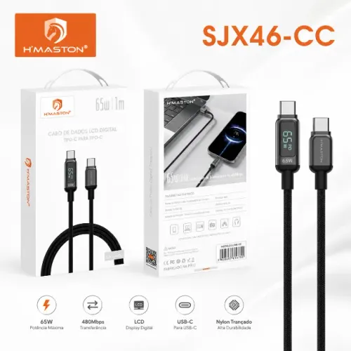 Cabo USB Tipo-C H?Maston SJX46-CC 65W PD Display LCD Turbo Nylon Reforçado pode retirar no