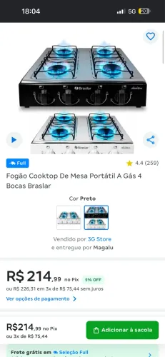 Fogão 4 Bocas Portátil