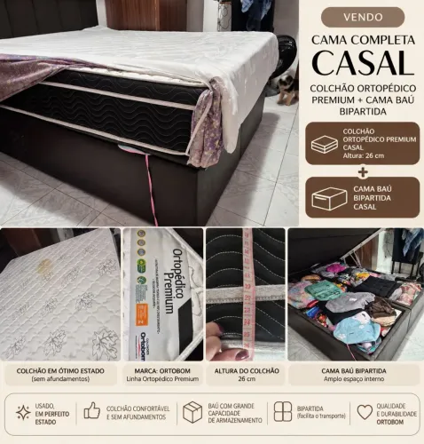 Cama box baú bipartida + Colchão Casal Ortobom Ortopédico