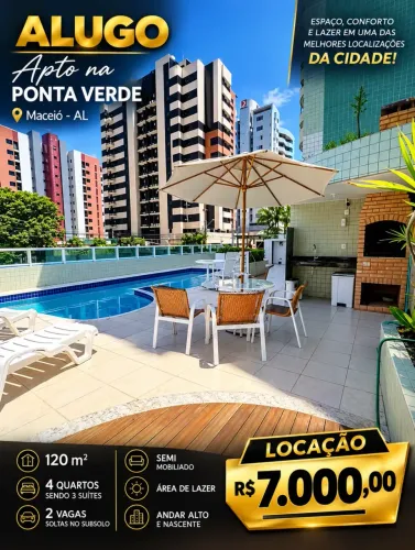 Alugo Excelente Apto de 4 quartos sendo 3 suítes com 120 m² nascente na Ponta Verde