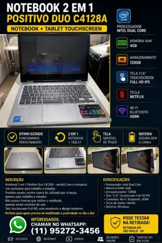 Notebook 2 em 1 Positivo Duo C4128A Touchscreen | 4GB RAM | 128GB | Excelente Estado