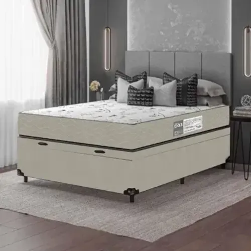 Colchão Casal Espuma D33 + Cama Box Baú cor Branco Areia