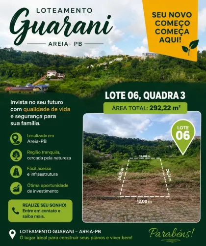TERRENO À VENDA - LOTEAMENTO GUARANI | AREIA - PB <br>