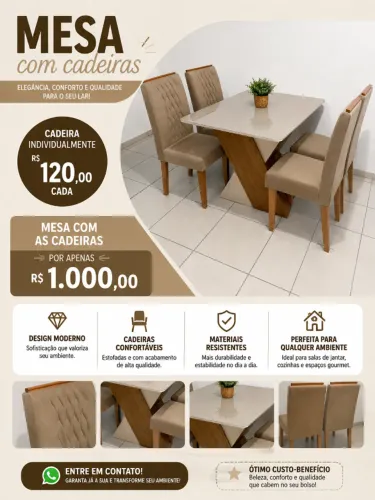 Mesa com tampo de vidro com 4 cadeiras estofadas