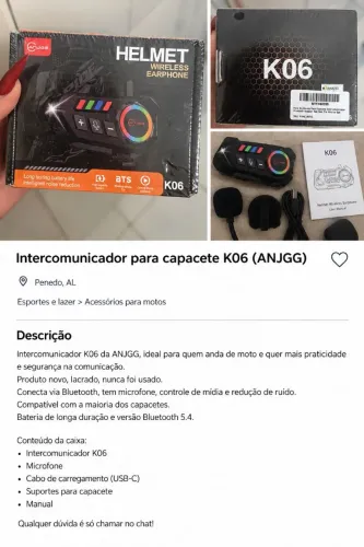 Intercomunicador K06 para Capacete Bluetooth 5.4 ANJGG