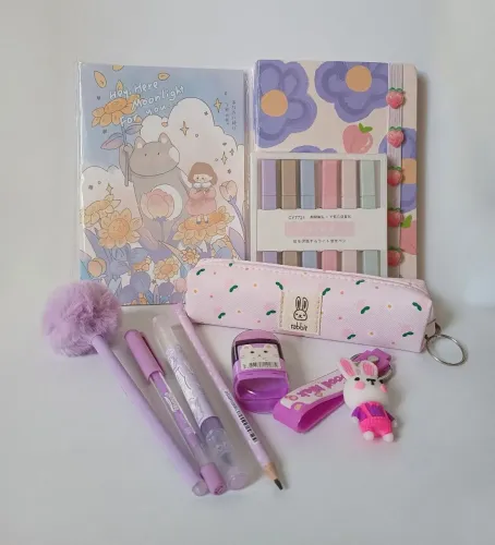 Kit Papelaria Pêssegos e Coelho Rosa e Lilás 