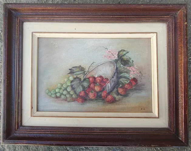 Pintura Vintage Frutas Assinada Eva Com Moldura De Época