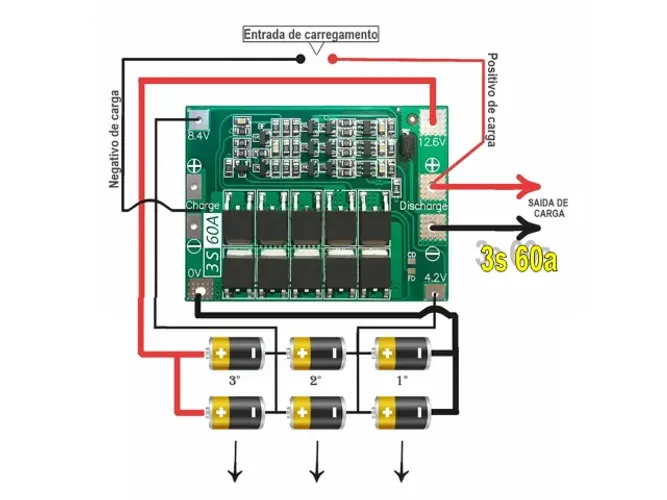 Placa Proteção Bms 3s 60a c arregador de pilhas 18650