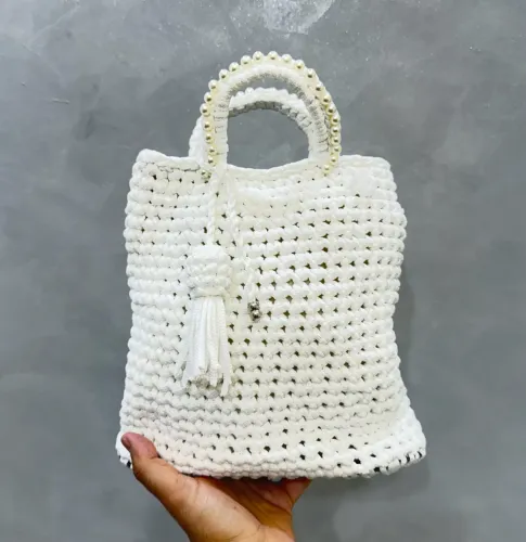 Bolsa Artesanal Fio Náutico Branca Pérolas