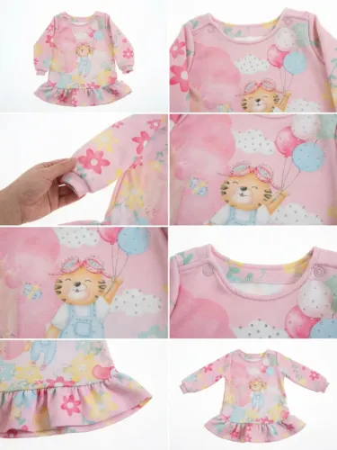 Vestido Le Bhua Luxo Manga Longa Rosa Tigrinha com Strass