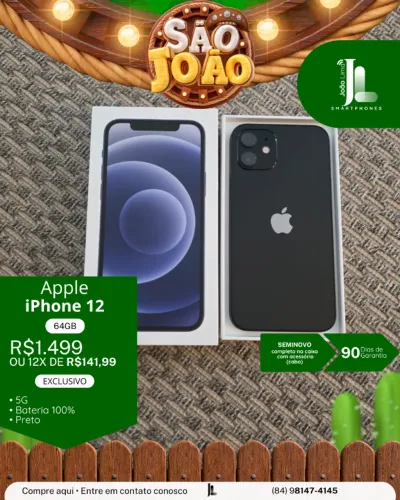 IPHONE 12, 5G, 64, PRETO, BAT 100%, SEMINOVO, EXCLUSIVO!
