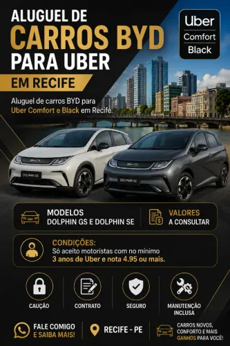 Aluguel de carro BYD 2026 e 2027 para Uber Comfort e Black - Recife/PE