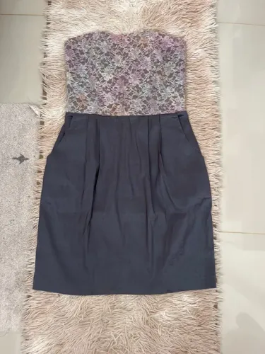 Vestido festa cor chumbo de Renda Floral - Seminovo