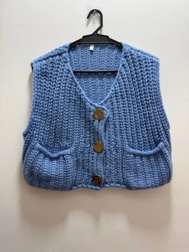 Colete de Tricô Azul com Bolsos