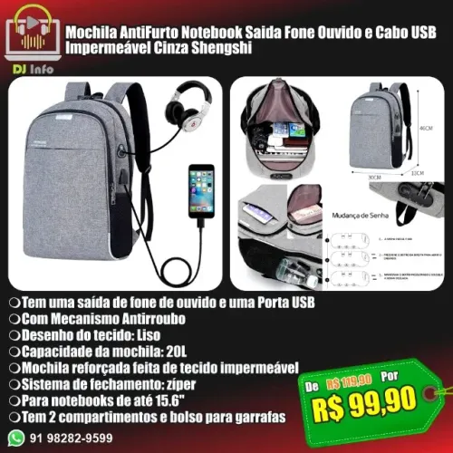 Mochila AntiFurto Notebook Saida Fone Ouvido e Cabo USB Impermeável Cinza Shengshi