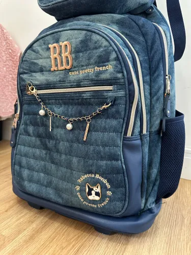 Kit Mochila Carrinho Jeans Rebecca Bonbon Lancheira E Estojo