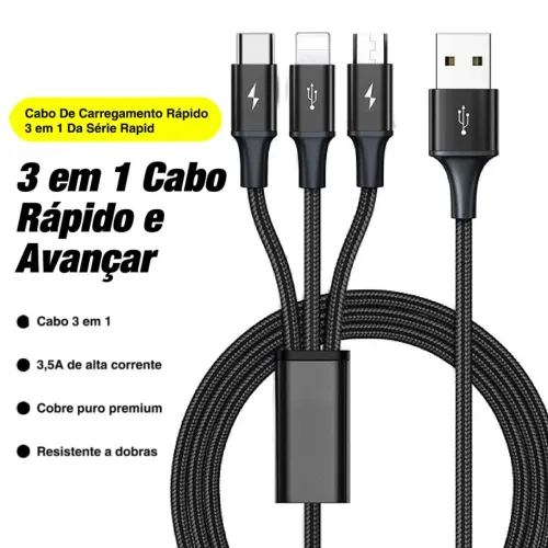 Cabo 3 em 1 Carregamento Rápido, carregue 3 dispositivos simultaneamente 