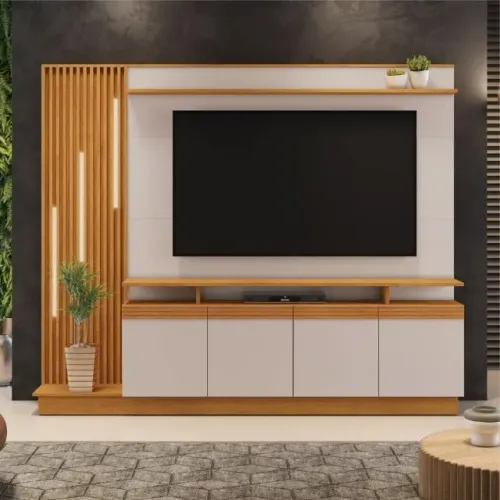 Home Absoluto Com Detalhe Ripado E Led Para Tv De Até 65 Polegadas Cinamomo/Off White