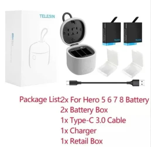Carregador e leitor de cartão de memoria Com Dua Baterias Para Gopro 8/7/6/5- Telesin