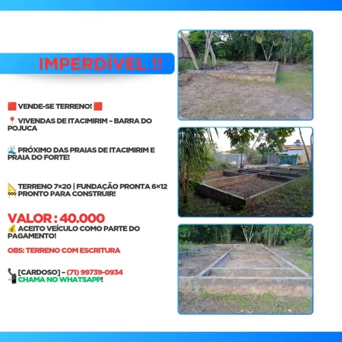 VENDO TERRNO COM FUNDAÇÃO PRONTA EM BARRA DE POJUCA ( 140m2 com 72m2 de fundação pronta)..