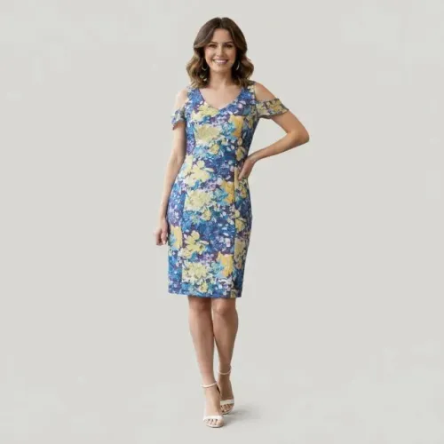 Vestido Modelo Tubinho, em Renda florida ,"alegre" Midi, Forro Interno -Marca Fallacci