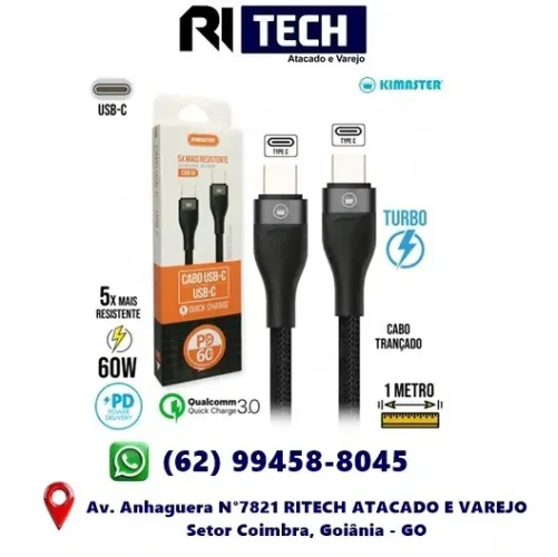 Cabo Tipo C 1m Turbo 60W CB818 Kimaster 1 Ano de Garantia
