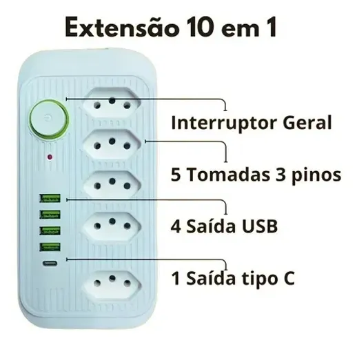 Extensão 5 Tomadas 4 Usb 1 Tipo C