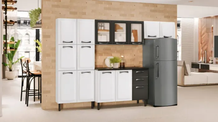 Conjunto de Armários de Cozinha Branco e grafite todo de aço entrega e montagem grátis 