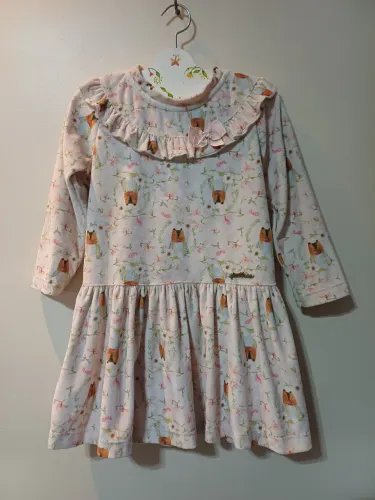 Vestido de plush semi-novo rosa, com estampa de urso.