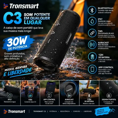 Caixa de som Tronsmart C3 Portatil Bluetooth 6.0 30W IPX7 Contra água 12H de bateria
